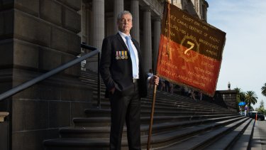 David Laird was among the WWI descendants to march in an alternative parade on Anzac Day. 