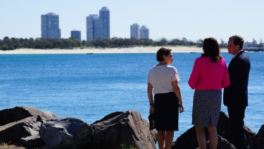 Deputy Premier Jackie Trad, Premier Annastacia Palaszczuk and State Development Minister Anthony Lynham at the Southport Spit on Tuesday.