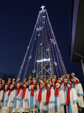 The Christmas tower was built on a frontline hilltop north-west of Seoul in 1971.