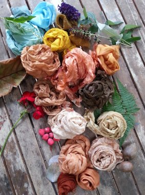 Fabric is dyed with plants and flowers from the Frenchs Forest Garden.