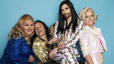 Conchita will perform with Trevor Ashley (blue), Paul Capsis (gold) and Courtney Act (pink).  