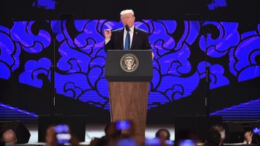 US President Donald Trump speaks on the final day of the APEC CEO Summit on the sidelines of the APEC Summit in Danang, Vietnam on Friday.
