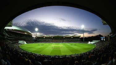History in the making: The lights take effect during day two of the third Test between Australia and New Zealand at Adelaide Oval.