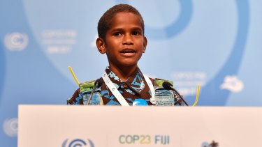 Twelve-year-old Timoci Naulusala, from Fiji, delivers his nation's plea to the 23rd COP in Bonn on Wednesday.