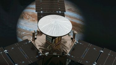 A model of NASA's solar-powered Juno spacecraft is displayed at the Jet Propulsion Laboratory in Pasadena, California.