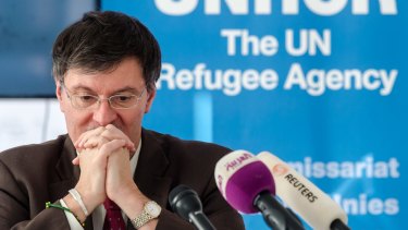UNHCR representative in Baghdad Bruno Geddo addresses the media on the humanitarian situation in Iraq in Brussels on Tuesday.