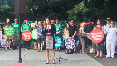 Jackie Trad addresses pro-choice abortion activists as they rally in Brisbane.