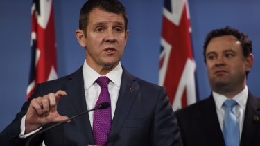 Premier Mike Baird and Sports Minister Stuart Ayres when they announced the $1.6 billion stadium plan last September, elements of which continue to change.