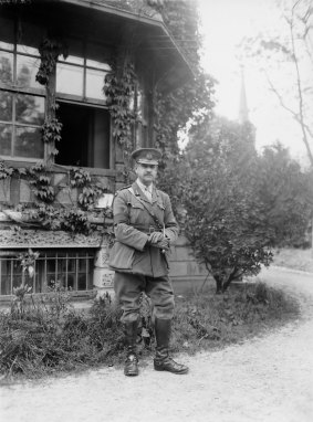 Outdoors portrait of Major General John Monash, commander of the 3rd Australian Division, at his headquarters in the Villers-Bretonneux sector in 1918.