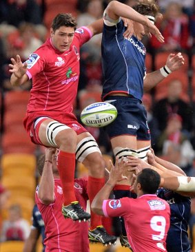 Rob Simmons of the Reds competes at the lineout against the Melbourne Rebels.