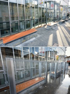Before and after: The cages placed over the public benches in the French city of Angouleme.