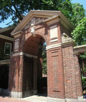 McKean Gate at Harvard Yard, Harvard University, donated by the Porcellian Club features the club's symbol, a boar's head.