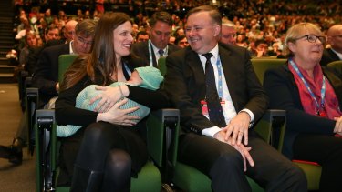 Kate Ellis, with her newborn son, and Anthony Albanese during the ALP National Conference in July 2015.