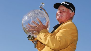 Peter Senior of Australia poses with the trophy after winning the 2015 Australian Masters at Huntingdale.