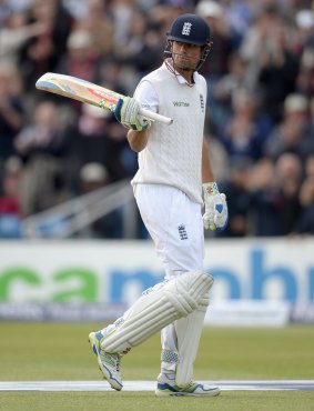 England captain Alastair Cook salutes the crowd.