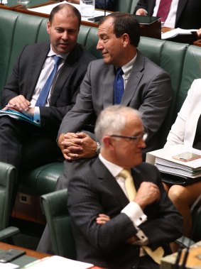 Special Minister of State Mal Brough and Prime Minister Malcolm Turnbull during question time on Monday.