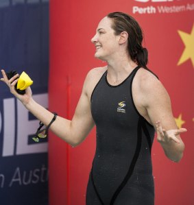Cate Campbell celebrates her win in the women's 100m freestyle event on day two of the Aquatic Super Series swimming competition in Perth on Saturday.