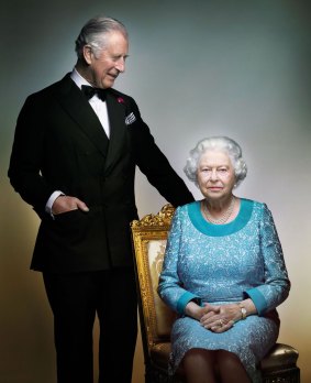 A portrait of Queen Elizabeth II and Prince Charles, taken in the White Drawing Room at Windsor Castle, England in May.