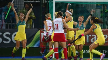The Hockeyroos celebrate their equalising goal on the stroke of fulltime.