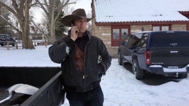 Ryan Bundy talks on the phone at the Malheur National Wildlife Refuge near Burns, Oregon.