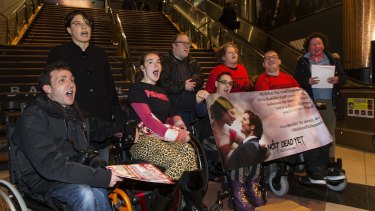 Members of the group 'People with Disabilities' protest against Me Before You at the Jam Factory Village Cinemas in South Yarra on June 16, 2016.