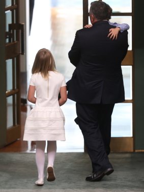 Former treasurer Joe Hockey leaves the House after his valedictory speech with son Iggy and daughter Adelaide.