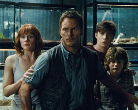 Bryce Dallas Howard, left, Chris Pratt, Nick Robinson and Ty Simpkins in the blockbuster hit <i>Jurassic World</i>.