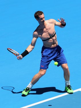 Upbeat: Andy Murray gets in some tough practice for the Australian Open on Monday at the Rod Laver Arena. 