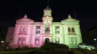 Randwick Town Hall lit up for the Rabbitohs. 