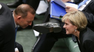 Mr Abbott and Foreign Affairs Minister and Deputy Liberal Leder Julie Bishop during question time on Monday.