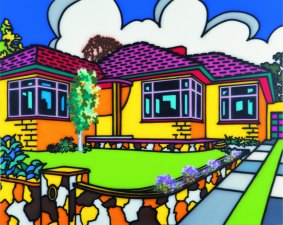 The quintessential Howard Arkley house is the triple-fronted. Its glorious sunrise colours and crisp morning skies, earthy coloured stone fence, lush yet perfectly manicured garden and driveway to the horizon are the colours of Australia condensed into a suburban landscape.