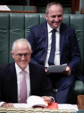 Deputy Prime Minister  Barnaby Joyce (right) remains all smiles with Prime Minister Malcolm Turnbull for now.