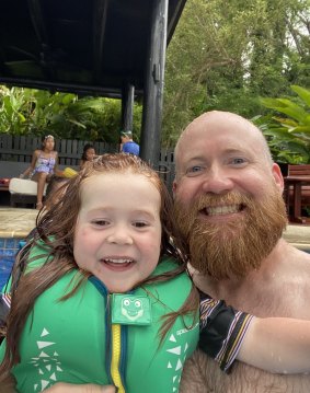 Ben Groundwater with his four-year-old son at Jean-Michel Cousteau Fiji.