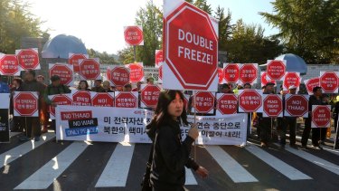 South Korean protesters stage a rally against the visit of US Defense Secretary Jim Mattis.