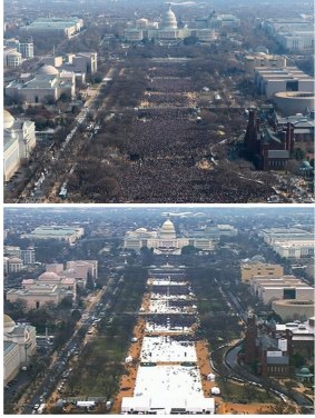 A pair of photos showing the inauguration crowd for President Obama in 2009 (above) and President Trump in 2017.