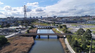 Moonee Ponds Creek between Dynon and Footscray roads – the location for a Transurban flyover. Picture by Joe Armao.