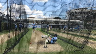 Australian captain Steve Smith batting in the SCG nets against his Test teammates Pat Cummins and Mitchell Starc.