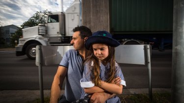 Wembley Primary School parent Con Lagos and daughter Ally, 6, on the corner of Francis Street and Wembley Avenue in Yarraville.