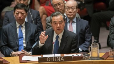 Chinese Foreign Minister Wang Yi speaks during the Security Council meeting on Friday.