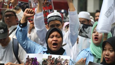 Indonesian activists during a protest in front of Myanmar's embassy in Jakarta on Saturday.