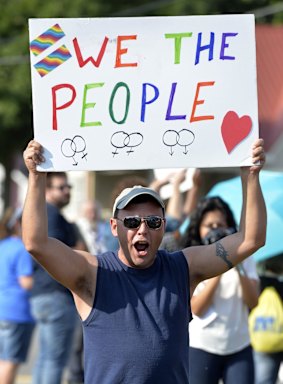 A protester at Rowan County Courthouse on Saturday.