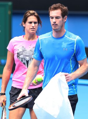 Andy Murray with coach Amelie Mauresmo during a practice session at Melbourne Park on Sunday.