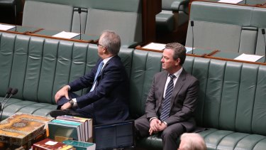 Malcolm Turnbull and Christopher Pyne listen to Warren Entsch introduce the private member's bill on marriage equality.