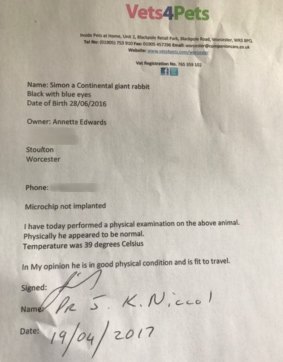 A vet's letter showing that Simon was fit to travel. 