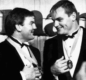 Prestige: Cronulla forward Gavin Miller and Newcastle prop Mark Sargant proudly display their medals after tying for the honour at the 1989 Rothmans Medal ceremony.