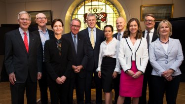 The Pioneers in Philanthropy, from left, John B. Fairfax, John Grill, Rosie Williams, David Gonski, Angus and Sarah James, Ian Narev, Rosemary Conn, Warwick Smith and Libby Fairfax, in the NSW State Library.