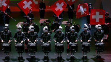 The Top Secret Drum Corps of Switzerland perform during the opening ceremony of the 65th FIFA Congress in Zurich.