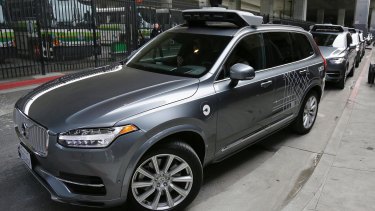 An Uber driverless car heads out for a test drive in San Francisco.