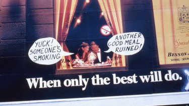 This billboard was modified in 1982 at a time when smoking in restaurants was the norm.