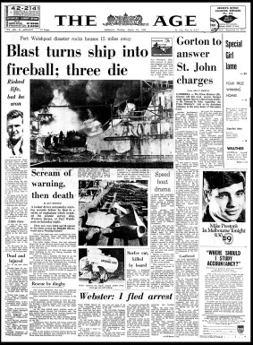 The front page of The Age, March 24, 1969, which reported on the accident that killed Carmel Young's husband.